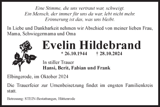 Traueranzeige von Evelin Hildebrand von Volksstimme Wernigerode