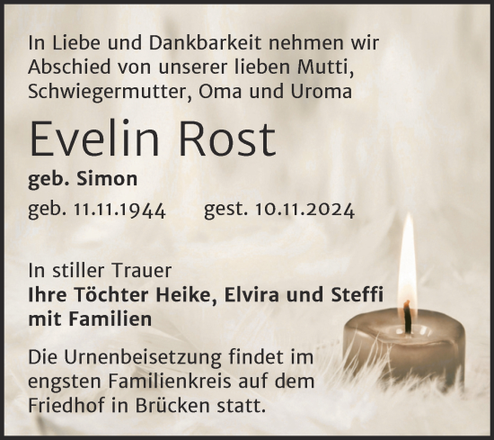 Traueranzeige von Evelin Rost von Trauerkombi Sangerhausen