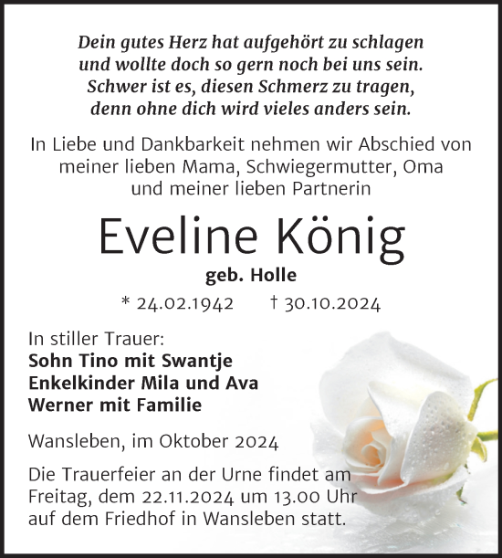 Traueranzeige von Eveline König von Trauerkombi Mansfelder Land