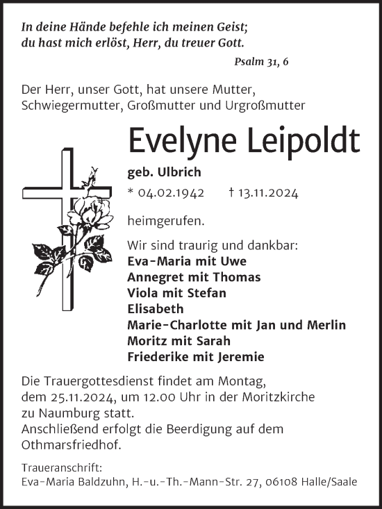 Traueranzeige von Evelyne Leipoldt von Naumburger Tageblatt