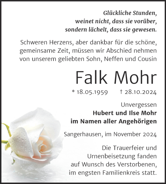 Traueranzeige von Falk Mohr von Trauerkombi Sangerhausen