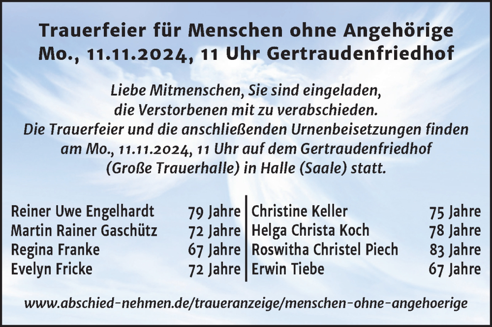  Traueranzeige für Menschen ohne Angehörige  vom 09.11.2024 aus Mitteldeutsche Zeitung Halle/Saalkreis