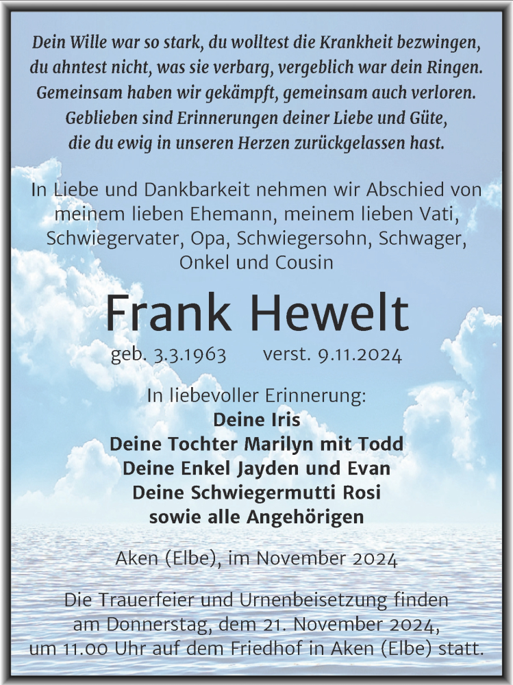  Traueranzeige für Frank Hewelt vom 12.11.2024 aus Trauerkombi Köthen