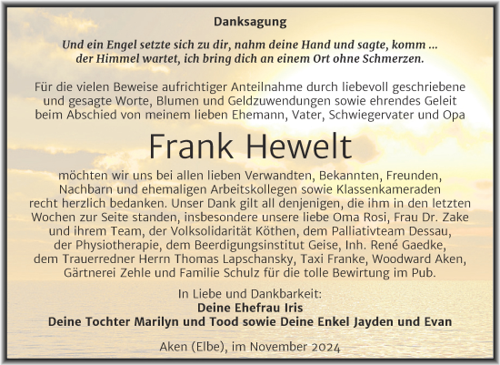 Traueranzeige von Frank Hewelt von Trauerkombi Köthen