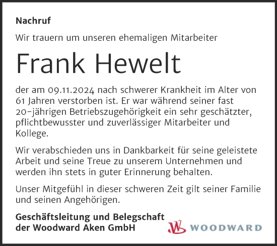 Traueranzeige von Frank Hewelt von Mitteldeutsche Zeitung Köthen