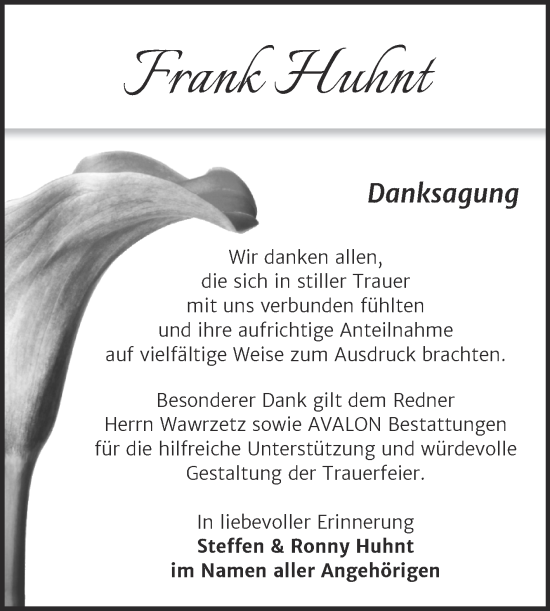 Traueranzeige von Frank Huhnt von Trauerkombi Merseburg