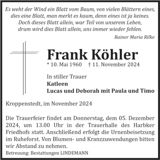 Traueranzeige von Frank Köhler von Volksstimme Halberstadt
