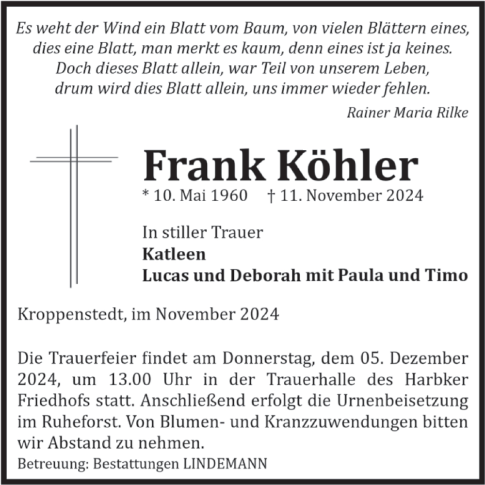  Traueranzeige für Frank Köhler vom 23.11.2024 aus Volksstimme Halberstadt