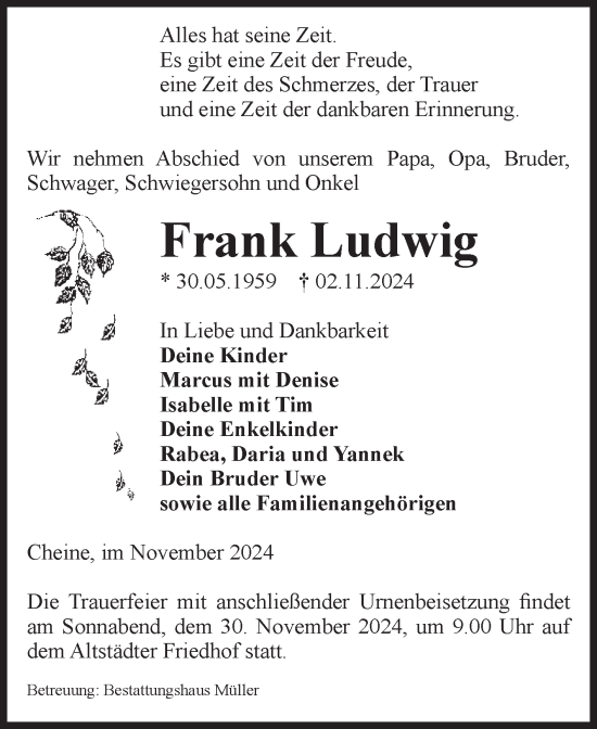 Traueranzeige von Frank Ludwig von Volksstimme Altmark West