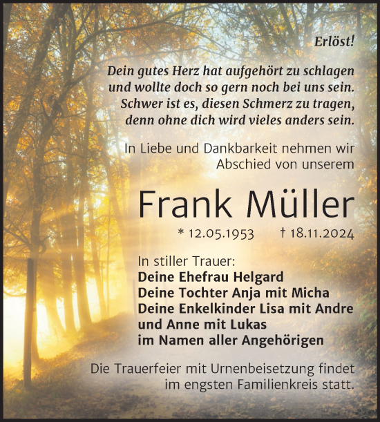 Traueranzeige von Frank Müller von Trauerkombi Bitterfeld