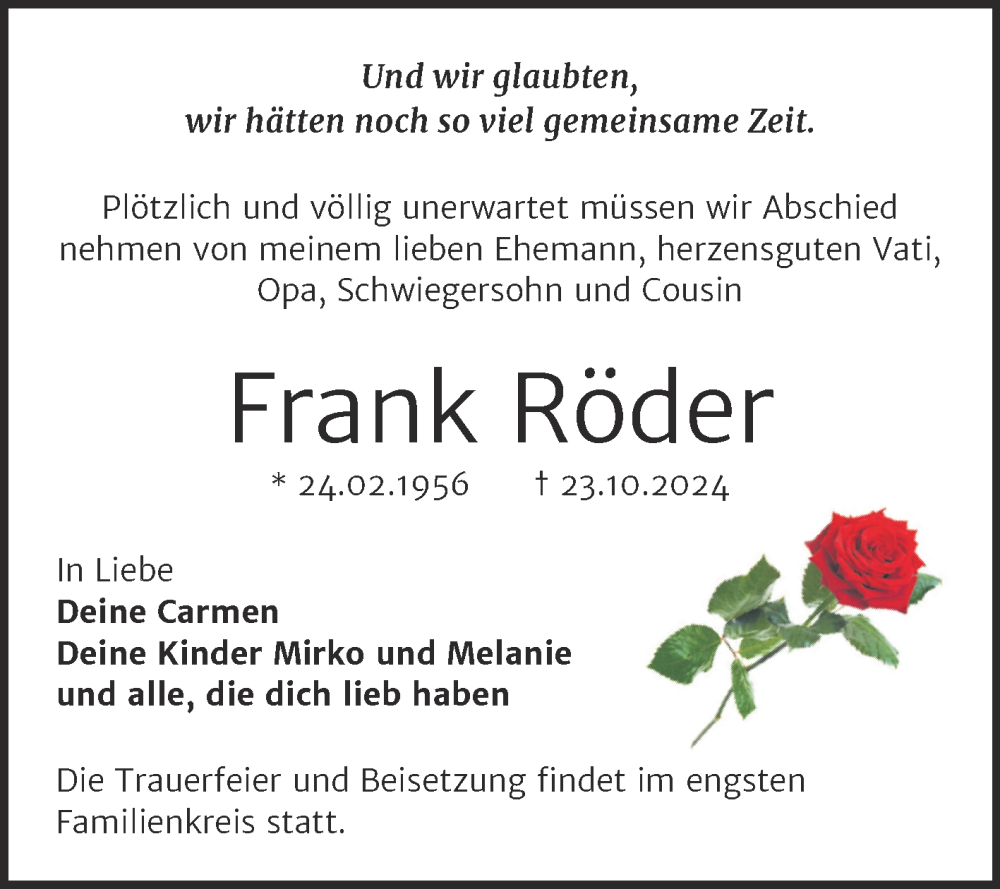  Traueranzeige für Frank Röder vom 09.11.2024 aus Trauerkombi Dessau