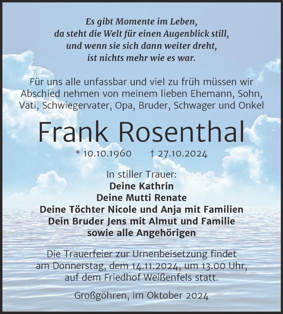  Traueranzeige für Frank Rosenthal vom 09.11.2024 aus Trauerkombi Weißenfels