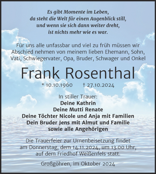 Traueranzeige von Frank Rosenthal von Trauerkombi Weißenfels