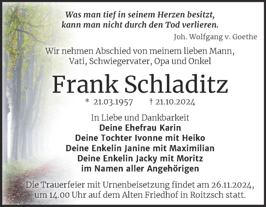 Traueranzeige von Frank Schladitz von Trauerkombi Bitterfeld