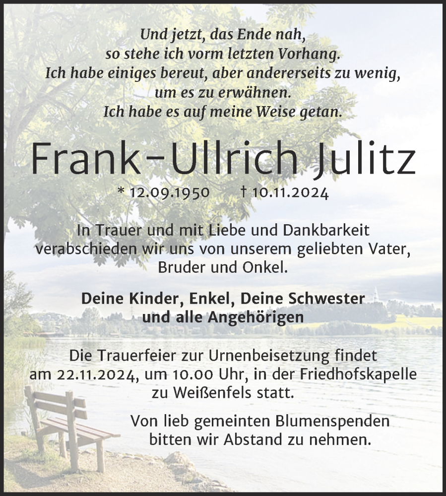  Traueranzeige für Frank-Ullrich Julitz vom 16.11.2024 aus Trauerkombi Weißenfels