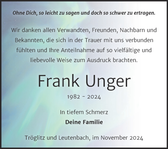 Traueranzeige von Frank Unger von Trauerkombi Zeitz