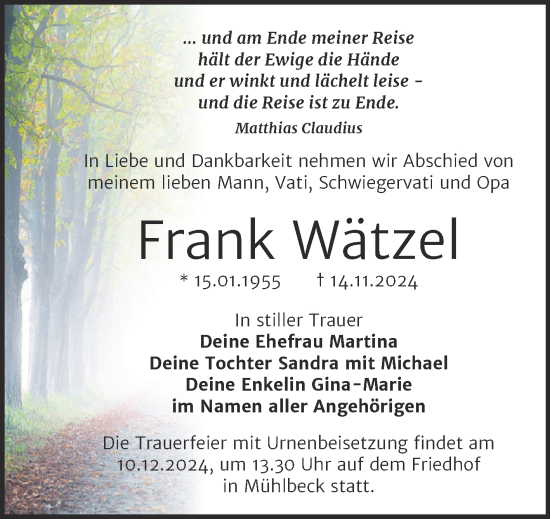Traueranzeige von Frank Wätzel von Trauerkombi Bitterfeld