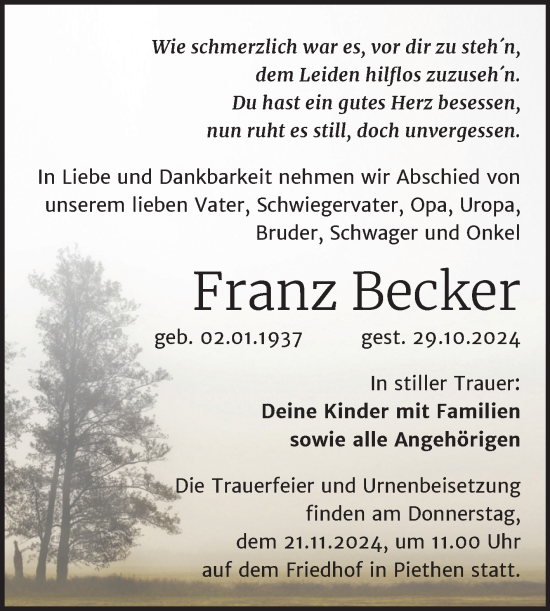 Traueranzeige von Franz Becker von Trauerkombi Köthen