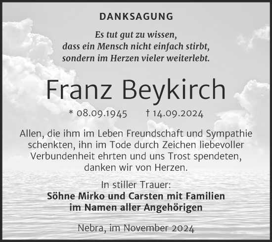 Traueranzeige von Franz Beykirch von Super Sonntag Naumburg/Nebra