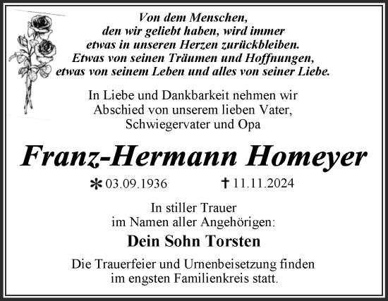 Traueranzeige von Franz-Hermann Homeyen von Trauerkombi Dessau