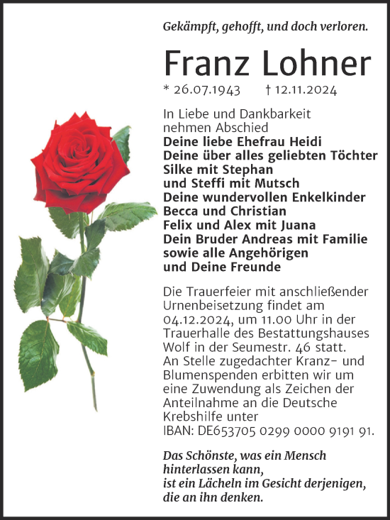 Traueranzeige von Franz Lohner von Trauerkombi Weißenfels