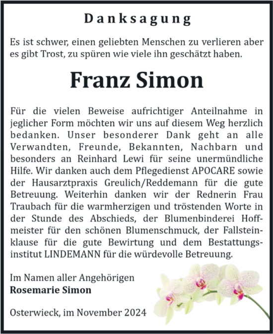Traueranzeige von Franz Simon von Volksstimme Halberstadt