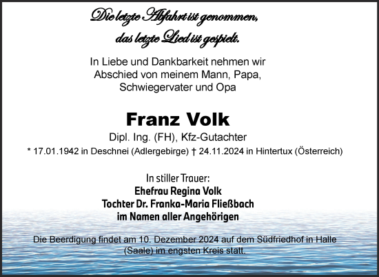 Traueranzeige von Franz Volk von Mitteldeutsche Zeitung Halle/Saalkreis