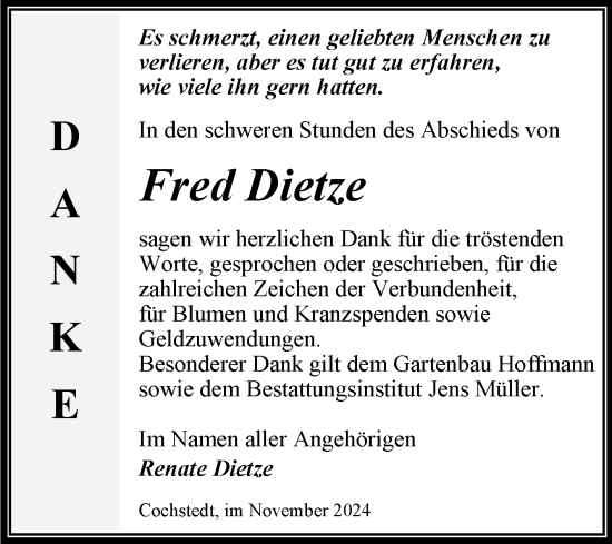Traueranzeige von Fred Dietze 