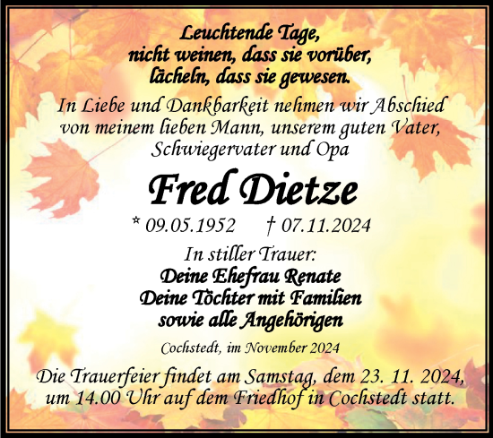 Traueranzeige von Fred Dietze von Mitteldeutsche Zeitung Aschersleben