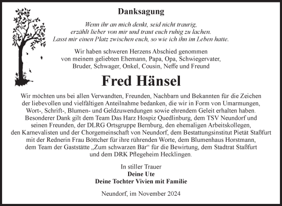 Traueranzeige von Fred Hänsel von Volksstimme Staßfurt