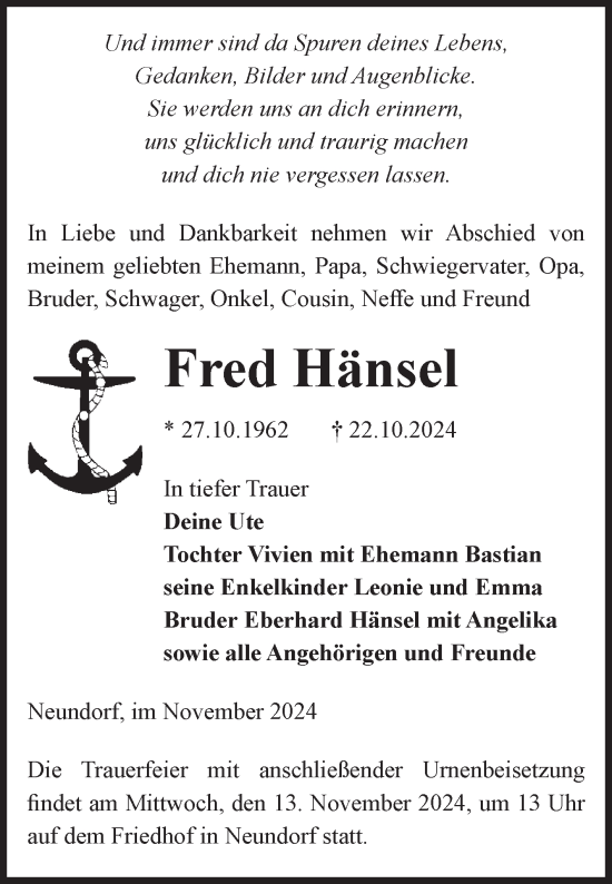 Traueranzeige von Fred Hänsel 