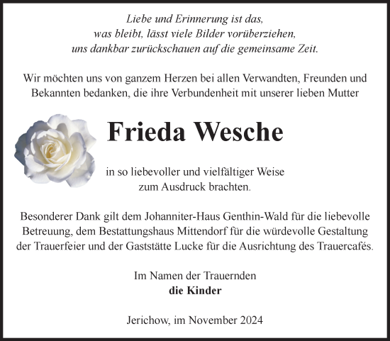 Traueranzeige von Frieda Wesche von Volksstimme Burg/Genthin