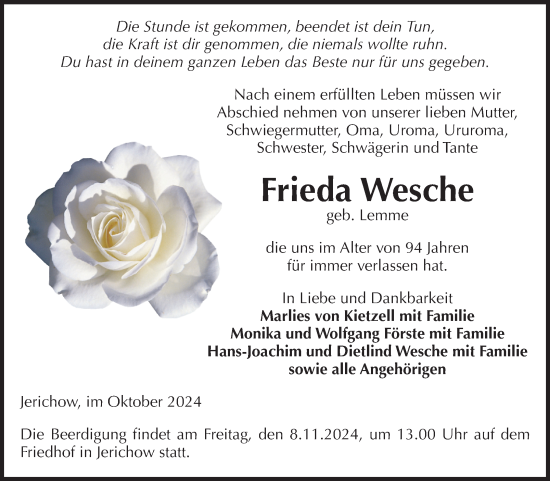 Traueranzeige von Frieda Wesche von Volksstimme Burg/Genthin