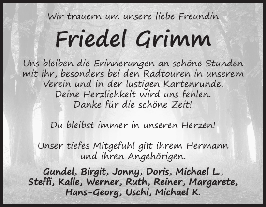Traueranzeige von Friedel Grimm von Volksstimme Haldensleben/Wolmirstedt