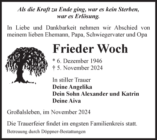 Traueranzeige von Frieder Woch von Volksstimme Oschersleben/Wanzleben
