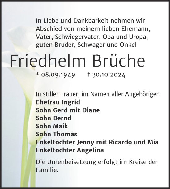 Traueranzeige von Friedhelm Brüche von Trauerkombi Bernburg