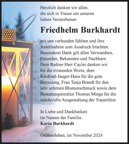 Traueranzeige von Friedhelm Burkhardt von Volksstimme Oschersleben/Wanzleben