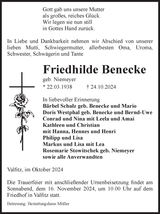 Traueranzeige von Friedhilde Benecke von Volksstimme Altmark West