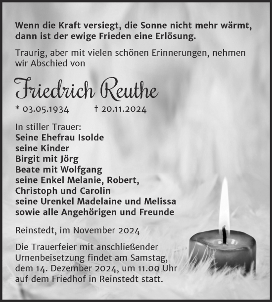 Traueranzeige von Friedrich Reuthe von Trauerkombi Aschersleben