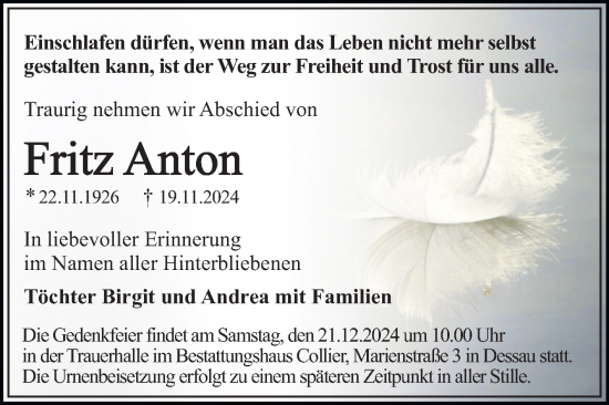 Traueranzeige von Fritz Anton von Trauerkombi Dessau