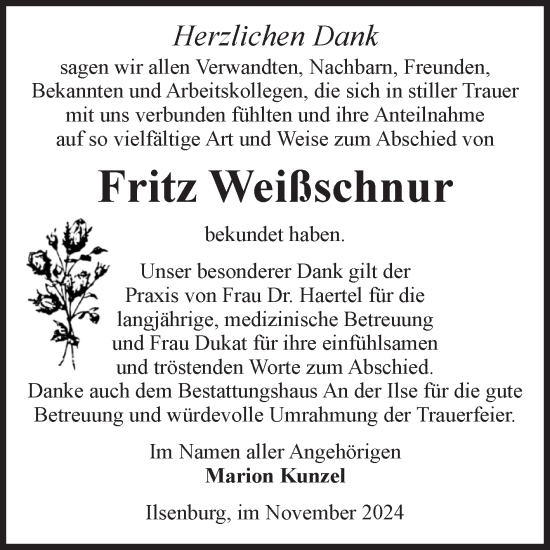 Traueranzeige von Fritz Weißschnur von Volksstimme Wernigerode