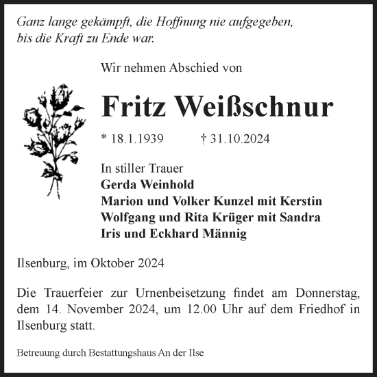 Traueranzeige von Fritz Weißschnur von Volksstimme Wernigerode