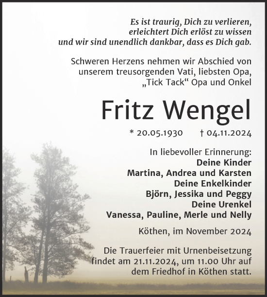 Traueranzeige von Fritz Wengel von Trauerkombi Köthen