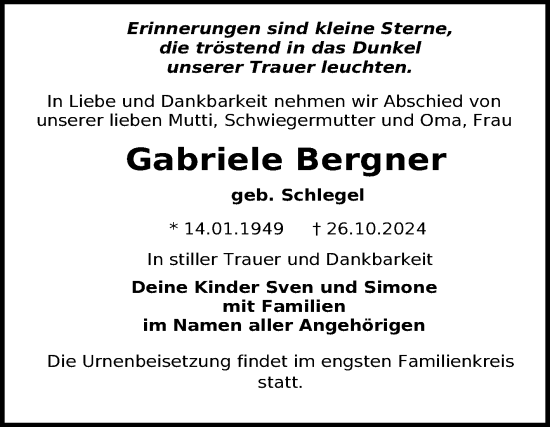 Traueranzeige von Gabriele Bergner von Trauerkombi Zeitz