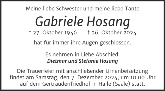 Traueranzeige von Gabriele Hosang von Mitteldeutsche Zeitung Halle/Saalkreis
