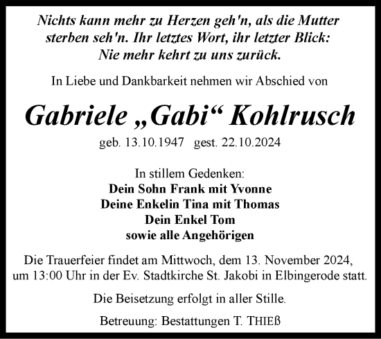 Traueranzeige von Gabriele Kohlrusch von Volksstimme Wernigerode