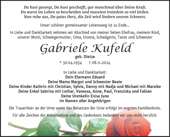 Traueranzeige von Gabriele Kufeld von Super Sonntag Naumburg/Nebra