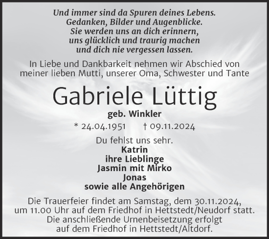 Traueranzeige von Gabriele Lüttig von Trauerkombi Mansfelder Land