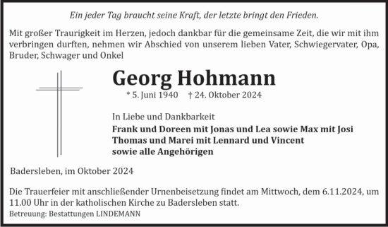 Traueranzeige von Georg Hohmann von Volksstimme Halberstadt