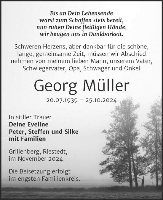 Traueranzeige von Georg Müller von Trauerkombi Sangerhausen